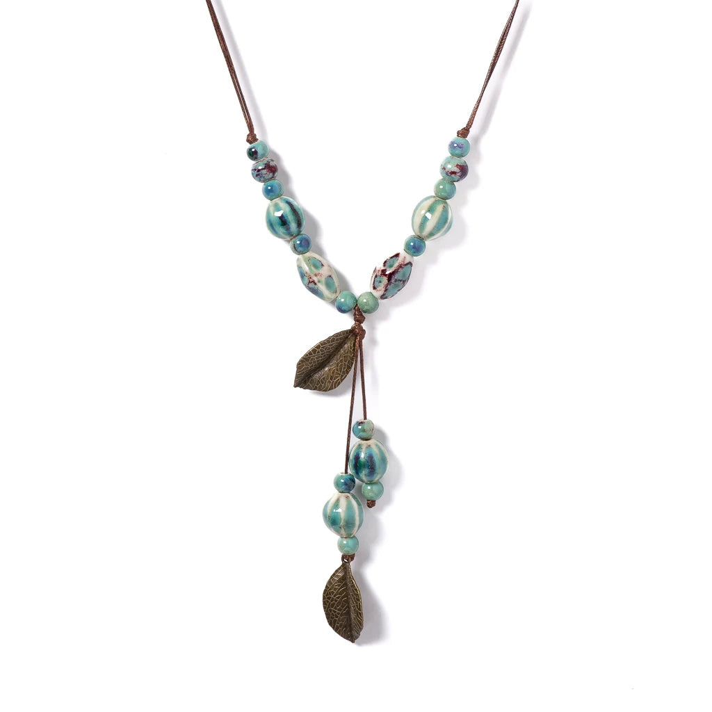 Handmade Ceramic Beaded Necklace Adjustable Boho Vintage Ethnic Jewelry Green Leaf Pendant Fashion Accessories for Women S02-041