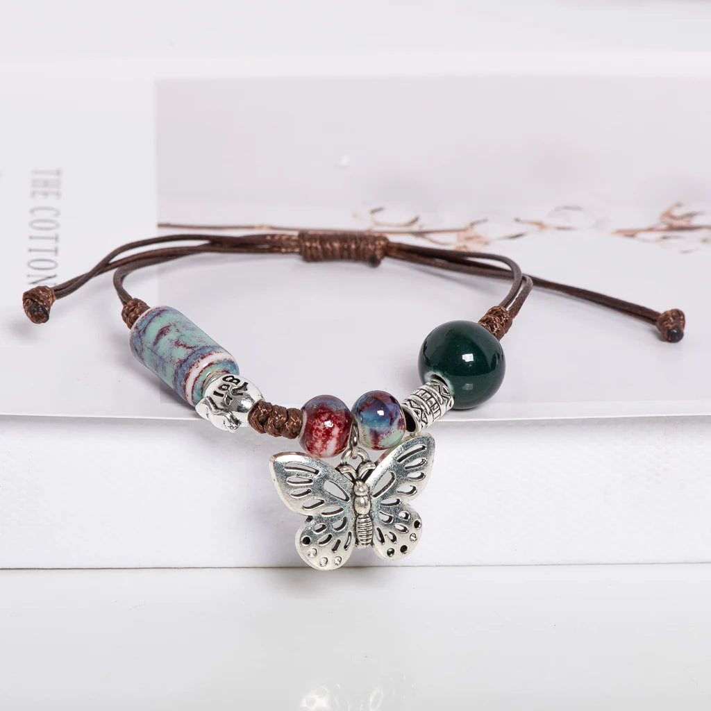 Handmade Ceramic Butterfly Bracelet Adjustable Boho Woven Jewelry Vintage Ethnic Style Gift Women Accessories S02-029