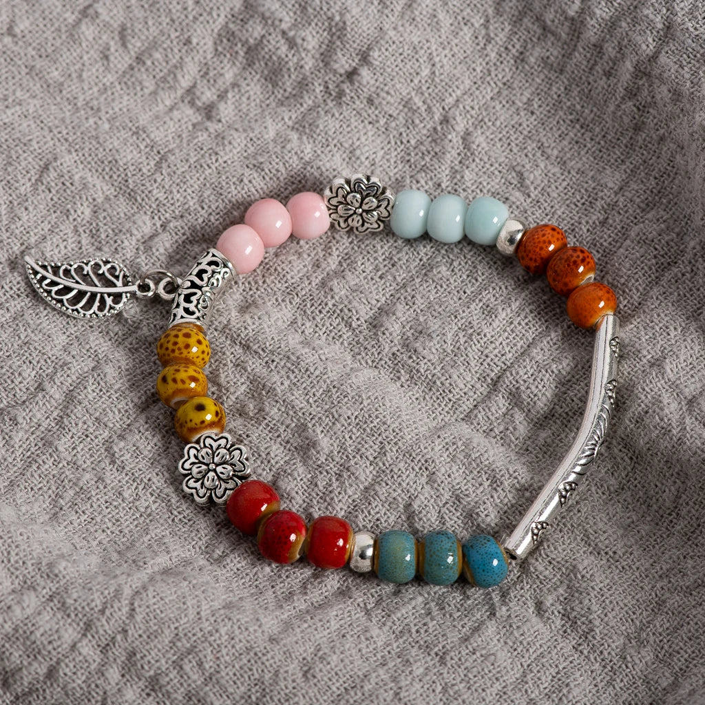 Multicolor Ceramic Bead Bracelet with Alloy Leaf Charm 16–18cm Elastic Handmade Boho Jewelry for Women S02-059