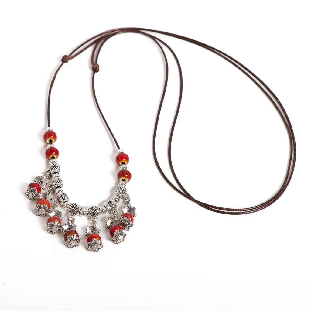 Handmade Ceramic Beaded Necklace Adjustable Boho Vintage Ethnic Jewelry Floral Pendant Accessories for Women Elegant S02-039