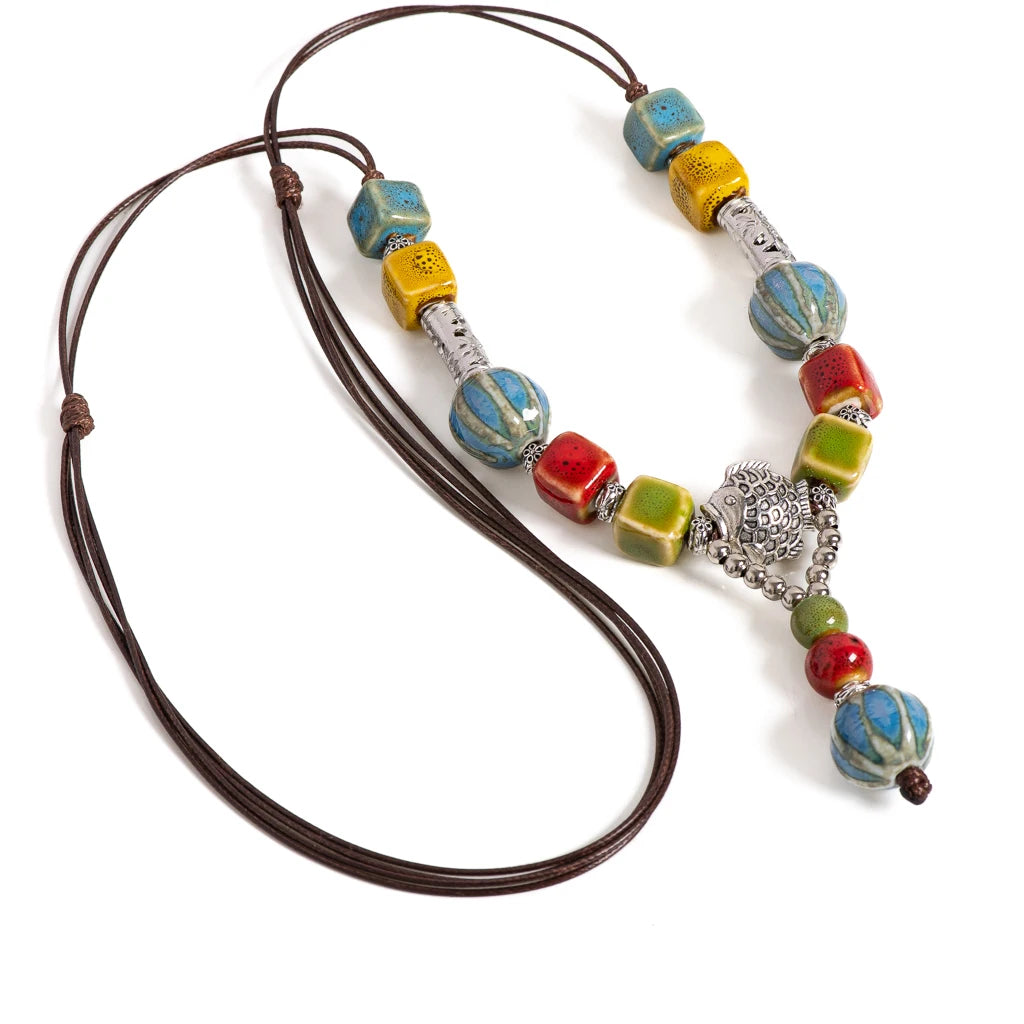 Ceramic Beaded Necklace Adjustable Boho Vintage Ethnic Jewelry Colorful silver-plate Fish Pendant Accessories for Women S02-042