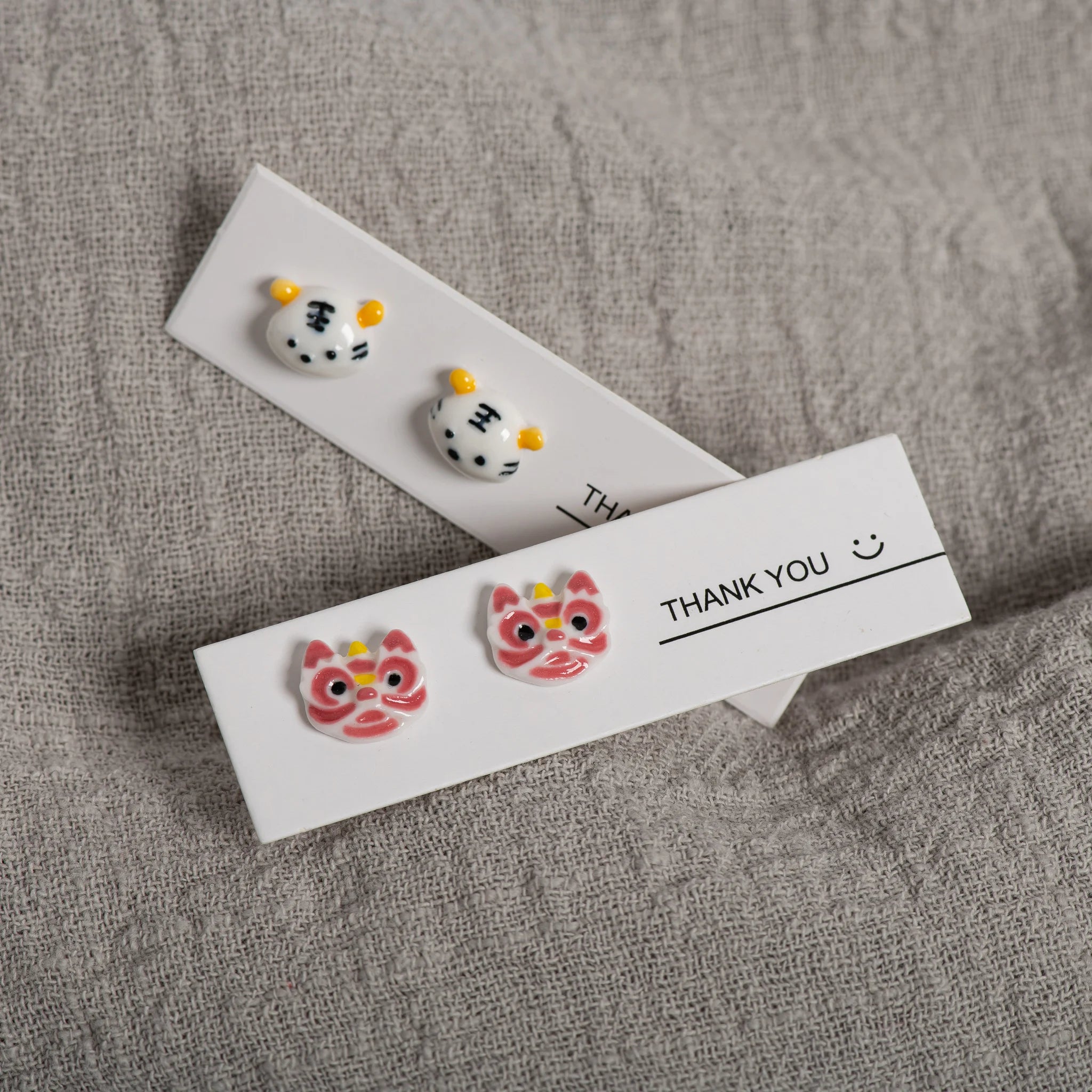 Handmade Cute Animal Ceramic Stud Earrings Playful Tiger & Dragon Design Whimsical Artisan Jewelry for Women & Kids S001196