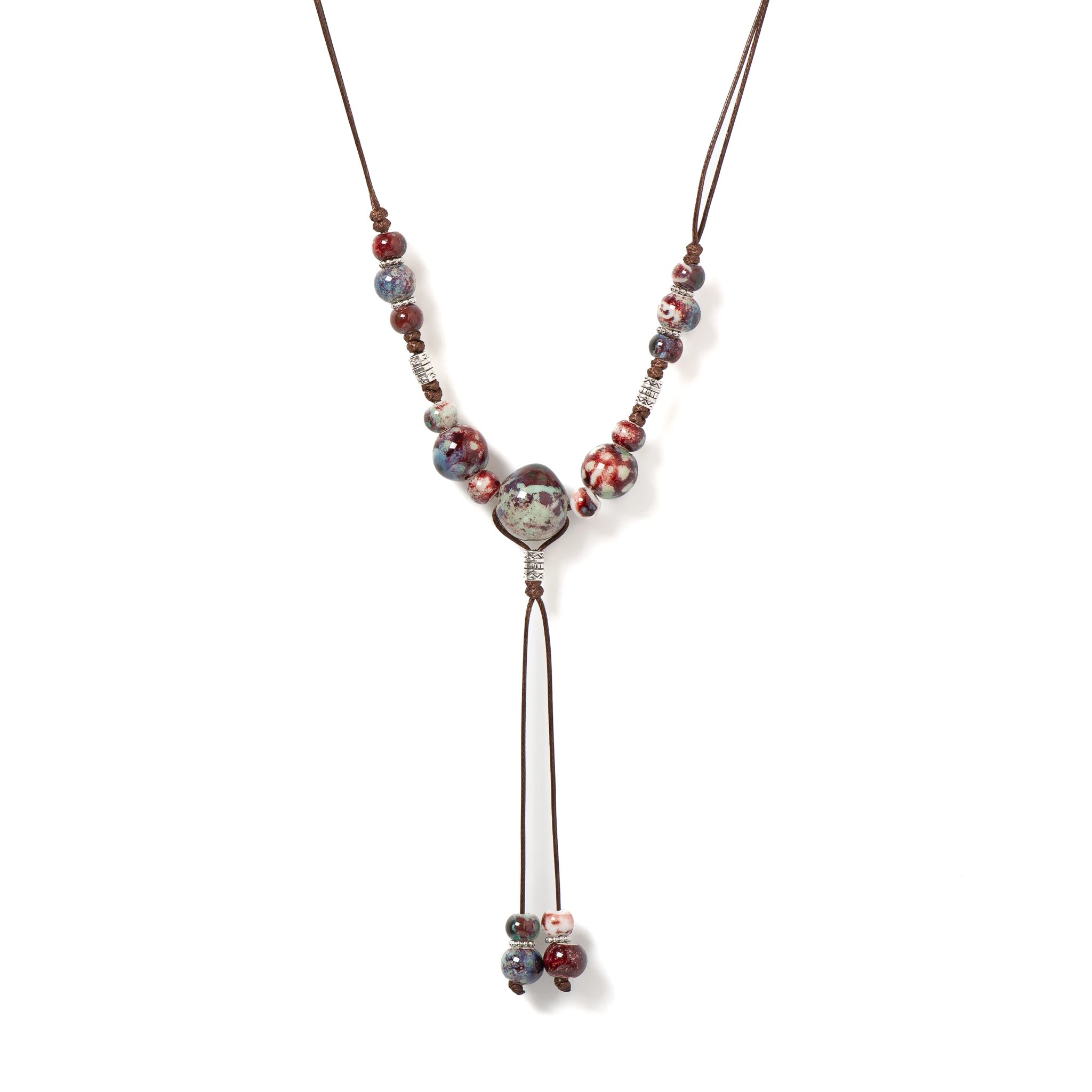Handmade Vintage Ceramic Beaded Necklace Adjustable Boho Ethnic Jewelry Noble Drunk Red Tassel Pendant for Women S001182