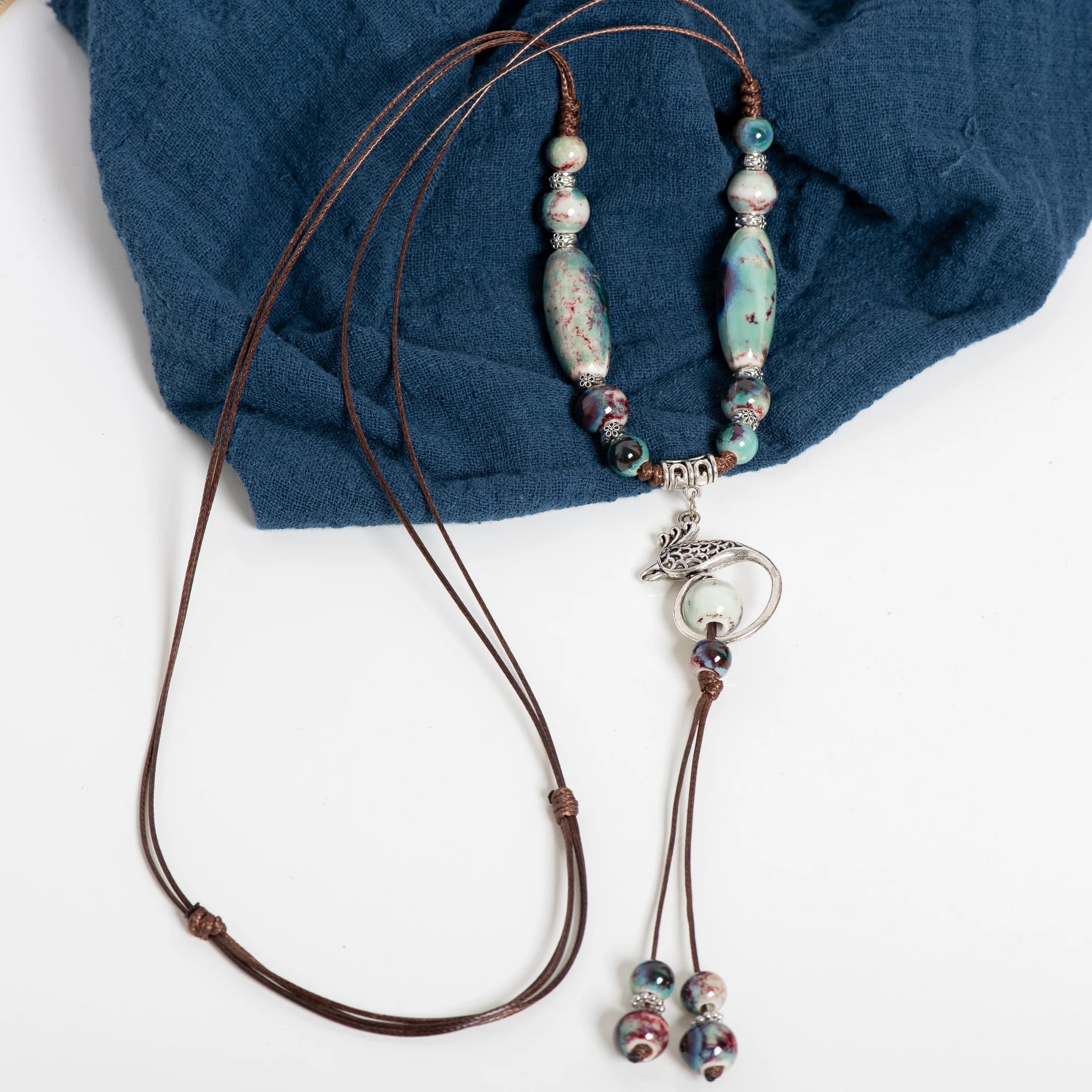 Handmade Phoenix-Inspired Ceramic Beaded Necklace Adjustable Boho Ethnic Jewelry Elegant Tassel Pendant Long for Women S001191